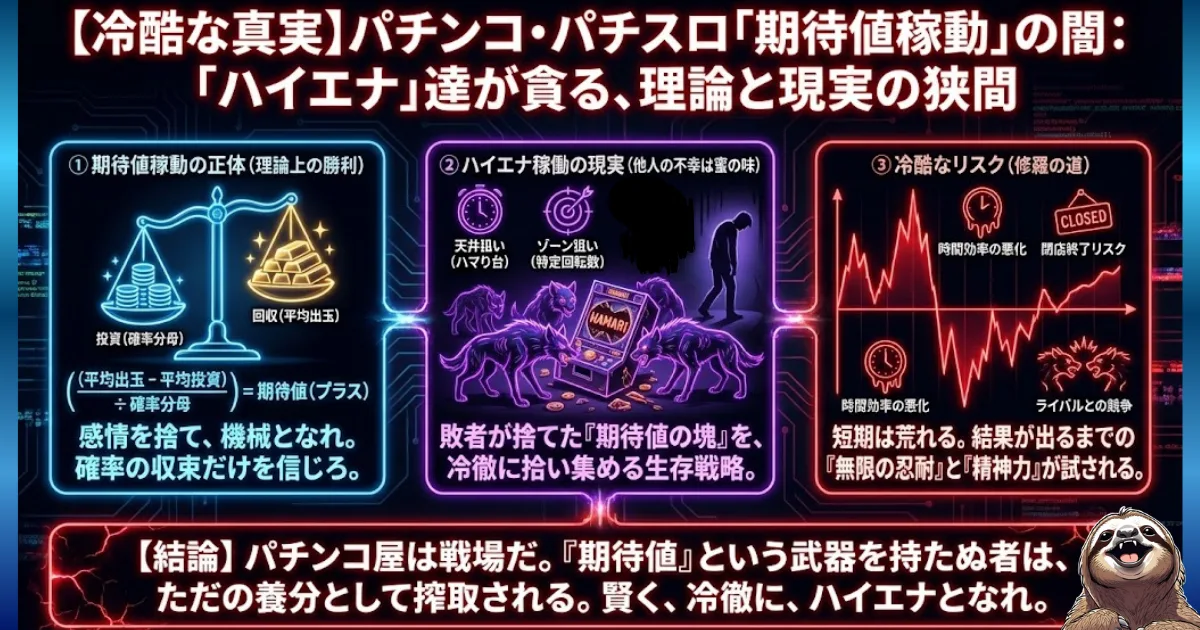【図解】パチンコ・パチスロ「期待値(ハイエナ)稼働」の冷酷な現実:感情を捨てて確率の収束だけを追う理論(左)、他人の不幸を漁るハイエナの立ち回り(中央)、時間効率や精神を削る修羅の道(右)を解説。パチンコで勝つことの過酷さを突きつけ、依存症者に諦めを促す図解
