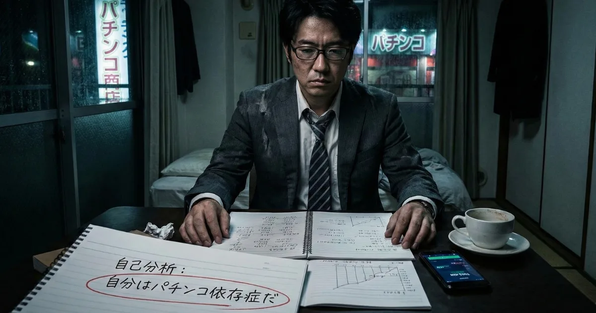 【パチンコ卒業への第一歩】依存症の自覚と自己分析:1000万の借金と絶望の底から生還するため、薄暗い部屋でノートに向かい「自分はパチンコ依存症だ」と病気を認める現実直視のプロセス。気合や根性を捨て、論理的に人生を立て直す決意を描いた実体験のイメージ画像