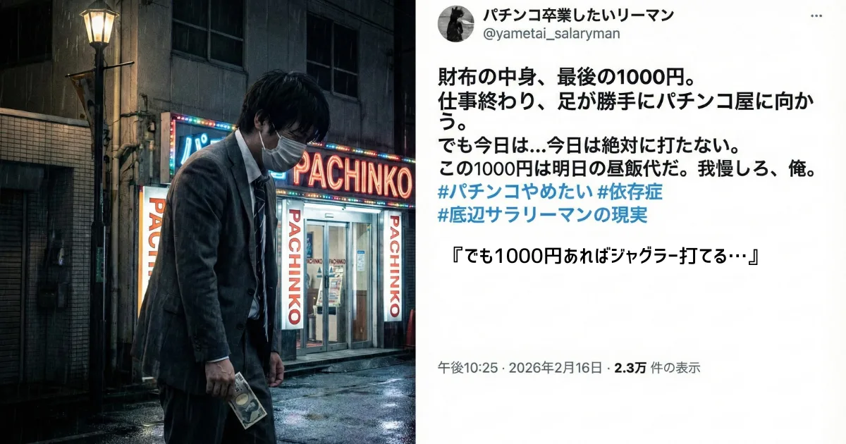 【パチンコ依存症のリアル】やめたいのにやめられない葛藤:明日の昼飯代である最後の1000円を握りしめ、パチンコ屋の前で「でも1000円あればジャグラー打てる…」という悪魔の囁き(禁断症状)と必死に戦う底辺サラリーマンの苦痛を描いた実体験イメージ