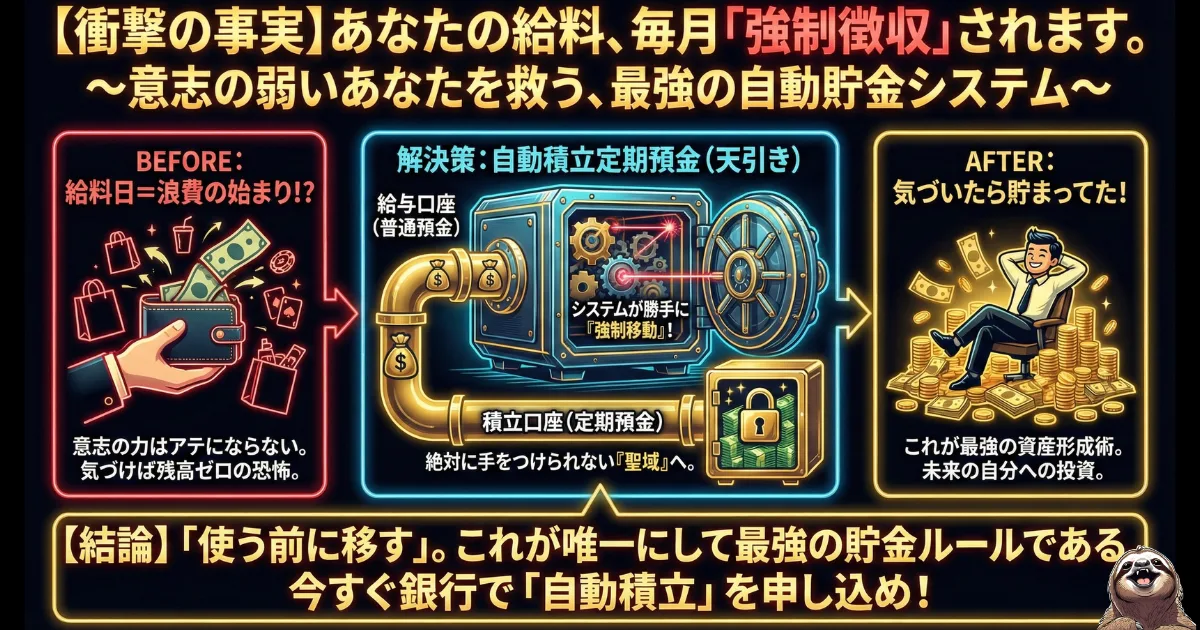 【図解】パチンコ依存症を克服する最強の貯金システム:意志の力に頼らず、給料日に「自動積立定期預金」で強制的に資金を隔離し、パチンコに使うお金を物理的になくす「先取り貯金」のメカニズムを解説した図