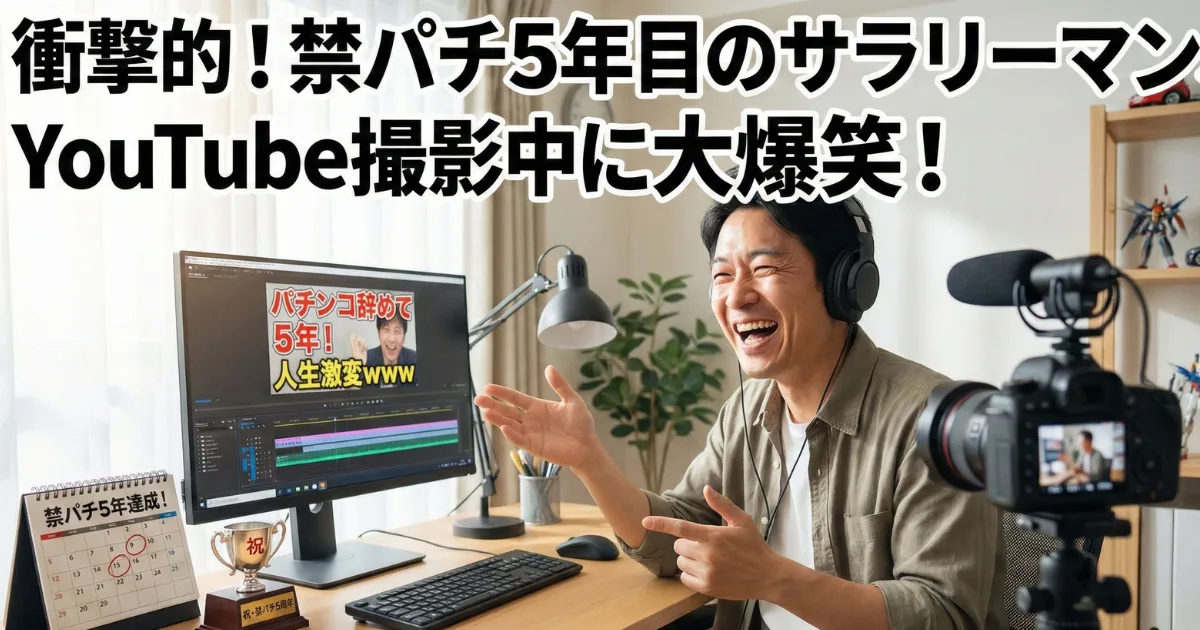 【パチンコ卒業の未来】禁パチ5年を達成し、人生が激変したサラリーマンの成功イメージ。パチンコ依存症の地獄から生還した実体験をYouTubeで発信し、カメラに向かって大爆笑している「パチンコのない新しい生きがい」を手に入れた姿