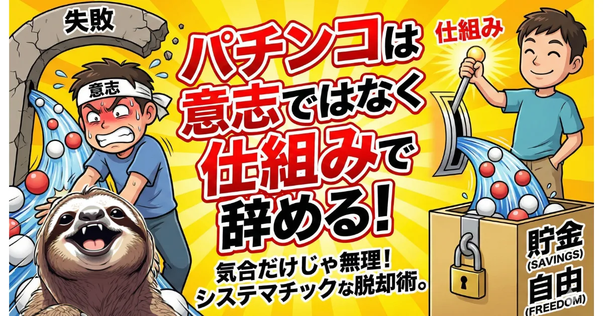 【図解】パチンコは「意志」ではなく「仕組み」で辞める:気合や根性でパチンコ欲をせき止めようとして失敗する図(左)と、物理的なシステムを構築してパチンコ代を「貯金」や「自由」へと変換する成功図(右)。依存症からの脱却にはシステマチックな方法が不可欠であることを示すイラスト