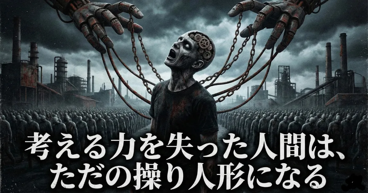 【思考停止の危険性】AI時代に考える力を失った人間がどうなるかを描いたディストピア・イラスト。頭が歯車になった人間が、巨大な機械（AI）の手に鎖で操られ「ただの操り人形（システムの一部）」に成り下がってしまう恐ろしい末路への警告