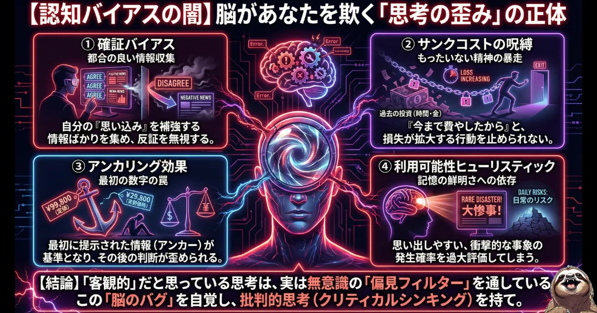 【図解】AI時代に陥りやすい「認知バイアスの闇」：確証バイアス、サンクコスト、アンカリング、利用可能性ヒューリスティックという4つの「思考の歪み（脳のバグ）」を解説。無意識の偏見フィルターを自覚し、AIの回答を盲信せずクリティカルシンキング（批判的思考）を持つためのメカニズム図解