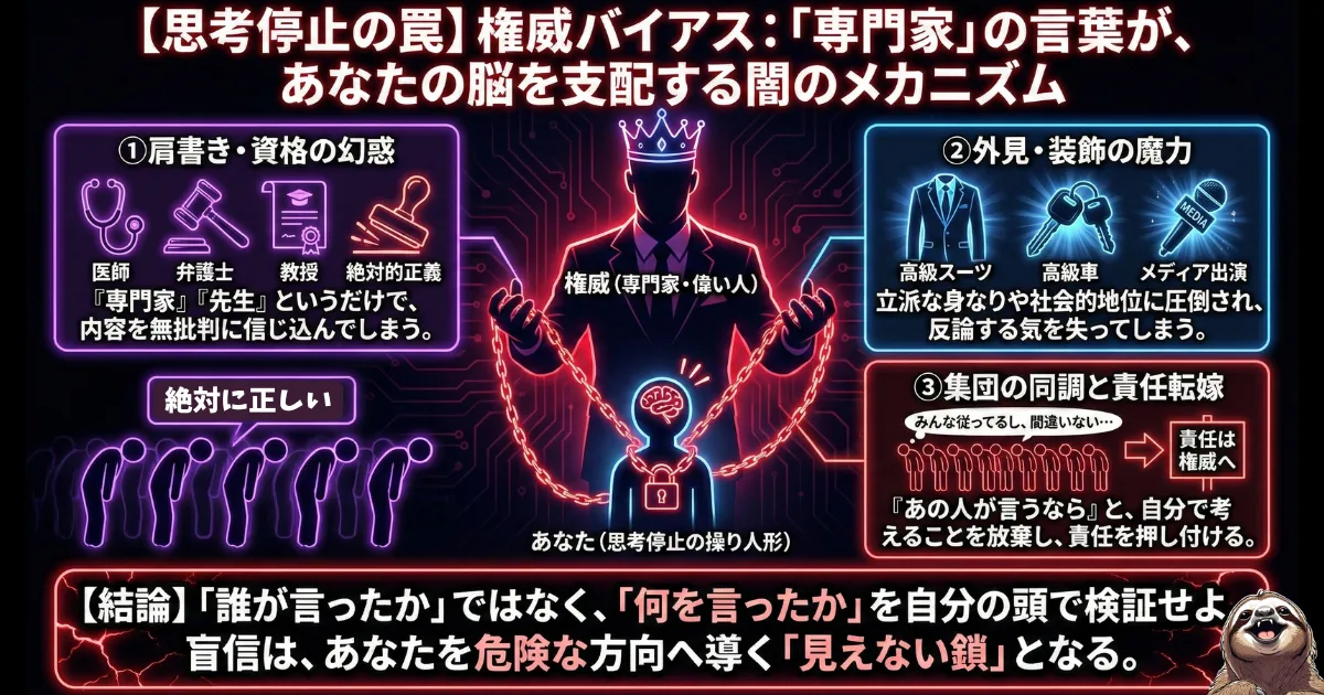 【図解】思考停止の罠「権威バイアス」のメカニズム：専門家の肩書きや外見に圧倒され、無批判に言葉を信じ込んでしまう脳のバグを解説。AI時代において、AIという「新たな権威」を盲信し、自分で考えることを放棄した操り人形にならないための警告イラスト
