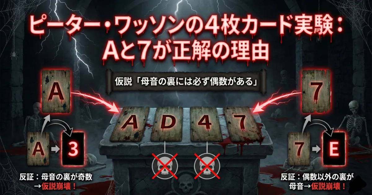 【解答図解】ウェイソン選択課題の正解が「A」と「7」である理由。自分の仮説を裏付ける証拠（4）ではなく、仮説が崩れる「反証（7）」を探すことの重要性を解説。AIの回答を盲信せず、確証バイアスを打ち破るクリティカルシンキング（批判的思考）の基本ロジックを図解したイラスト
