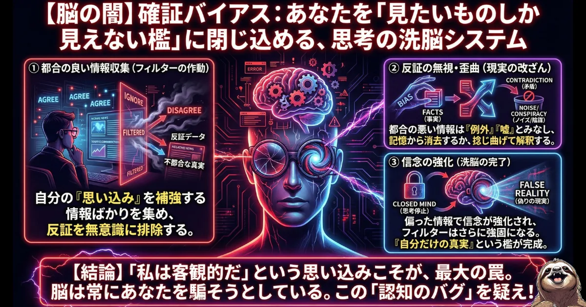 【図解】確証バイアスの恐ろしいメカニズム：自分の思い込みを補強する情報だけを集め、不都合な反証データを無視・歪曲することで「見たいものしか見えない檻」に閉じこもる脳のバグを解説。AI時代に思考停止（自己洗脳状態）に陥らないための警告イラスト