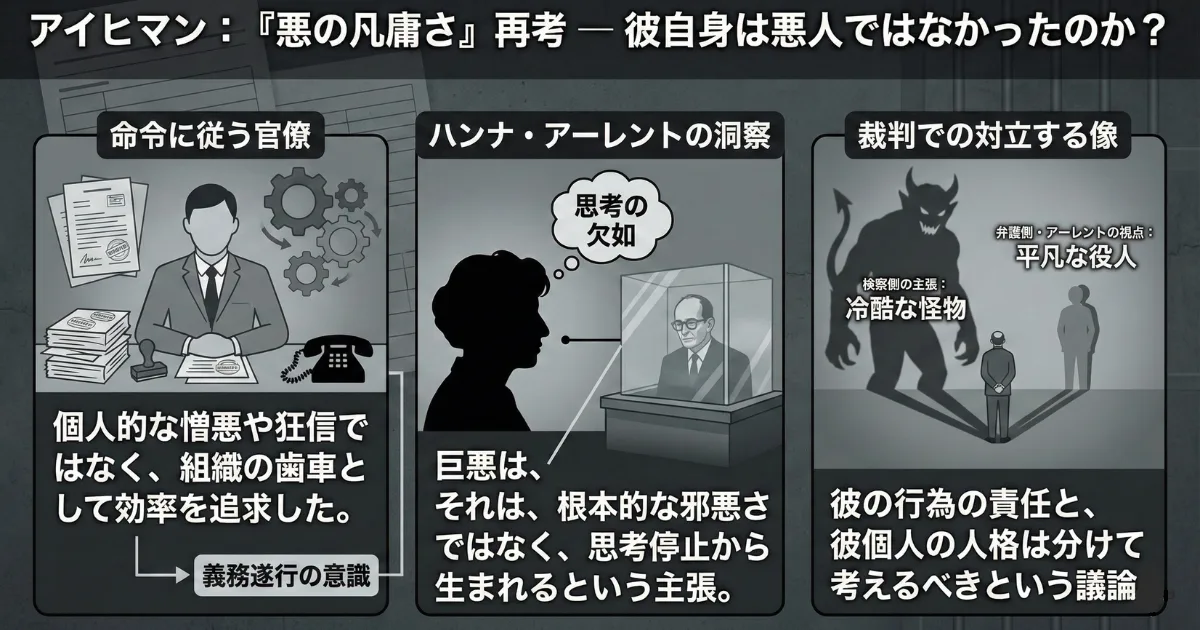 【図解】思考停止が招く究極の悲劇「悪の凡庸さ」：ハンナ・アーレントがアイヒマン裁判で指摘した、巨悪は邪悪さではなく「思考の欠如」から生まれるという洞察を解説。AI時代において、システム（AI）の命令に盲従し、自ら考えることを放棄した「組織の歯車」になる危険性を歴史から学ぶための画像