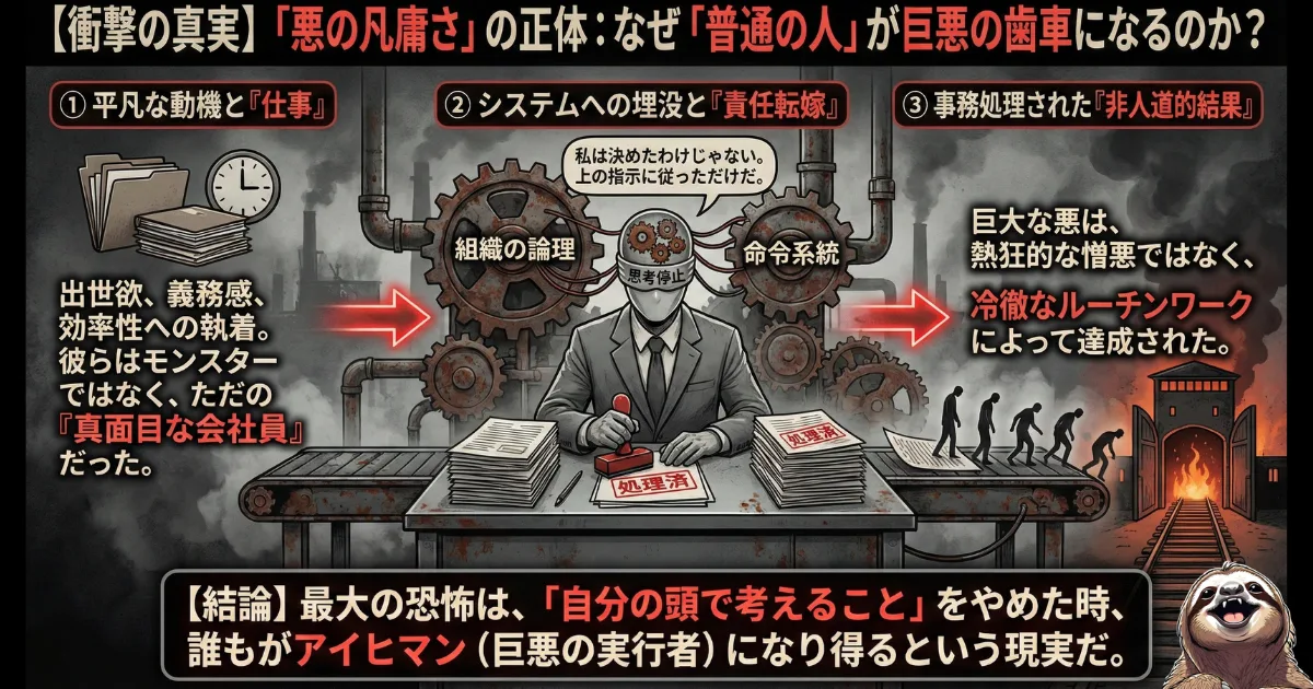 【図解】「悪の凡庸さ」の正体とメカニズム：出世欲や義務感を持った普通の会社員が、システムへの埋没と責任転嫁によって「思考停止した組織の歯車」となり、冷徹なルーチンワークとして巨大な悪（非人道的な結果）を生み出すプロセスを解説。AI時代に自ら考えることを放棄する危険性を説く警告画像