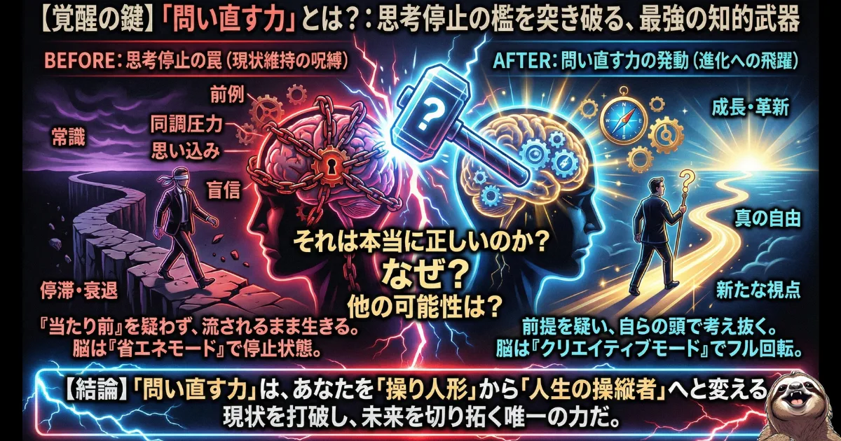 【図解】AI時代を生き抜く覚醒の鍵「問い直す力」：同調圧力や常識に縛られ崖から落ちる思考停止の罠（左）を「？」のハンマーで打ち破り、前提を疑って自分の頭で考え抜くことで未来を切り拓く姿（右）を描いた、AIに支配されない賢いサボり方の最強フレームワーク図解