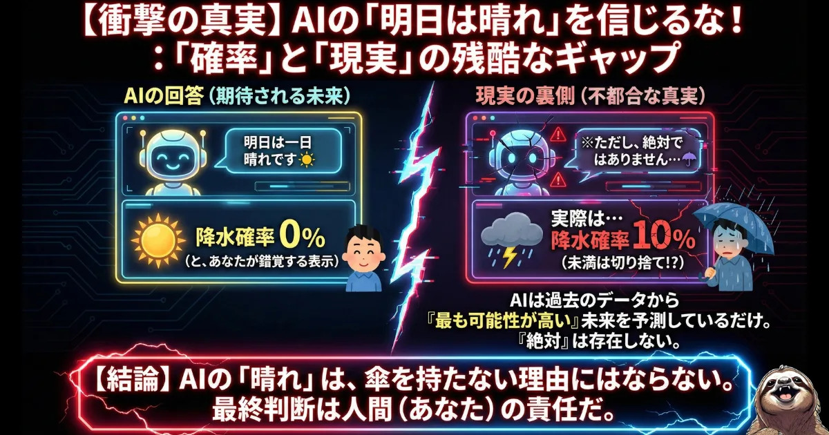 【図解】AIの予測と現実のギャップ：「明日は晴れ」というAIの回答を絶対の真理（降水確率0%）だと錯覚する危険性を解説。AIは確率的に高い未来を提示しているだけであり、思考停止せずにリスク（雨）に備え、最終判断は人間が自己責任で行うべきであることを示す天気予報の例
