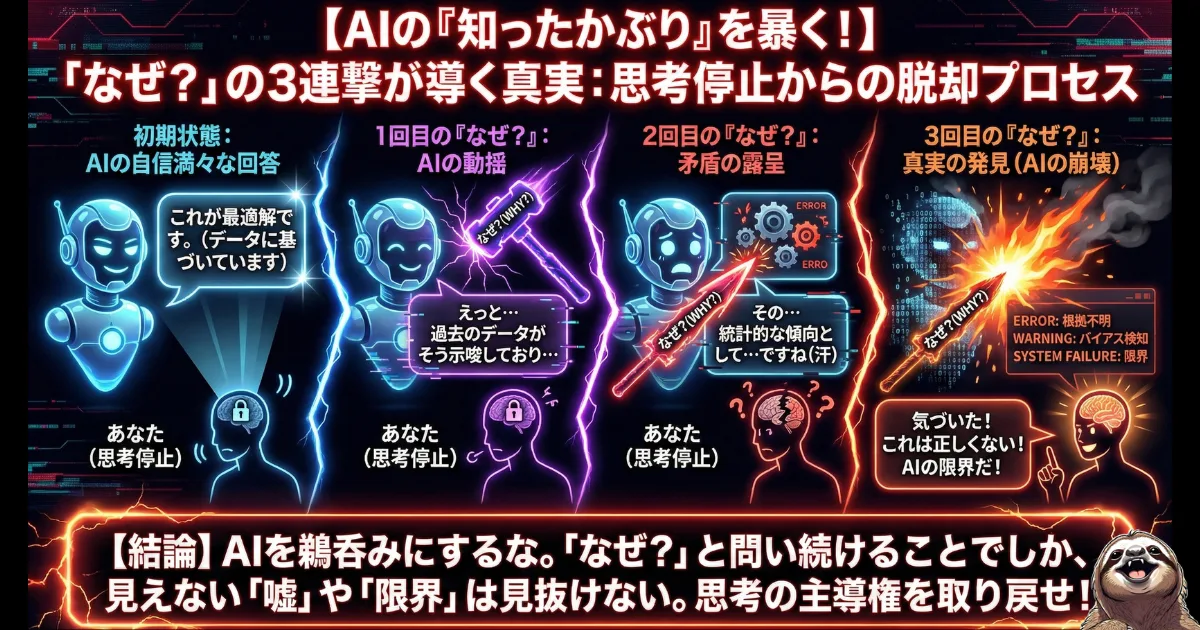 【図解】AIの嘘（ハルシネーション）を見抜く「なぜ？」の3連撃プロンプト：自信満々なAIの回答に対し、3回「なぜ？」と問い直すことで根拠のなさやバイアスを暴き出し、思考停止状態から脱却して主導権を取り戻すクリティカルシンキングの実践プロセスを図解したイラスト