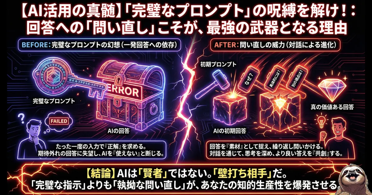 【図解】完璧なプロンプトの呪縛と「問い直し」の威力：たった一度の指示で正解を出そうとして失敗する罠（左）と、AIの回答を素材として「なぜ？」「具体的には？」と対話（壁打ち）を重ねることで真の価値（宝石）を共創するプロセス（右）。AIを賢者ではなく壁打ち相手として使い、知的生産性を爆発させる方法のイラスト