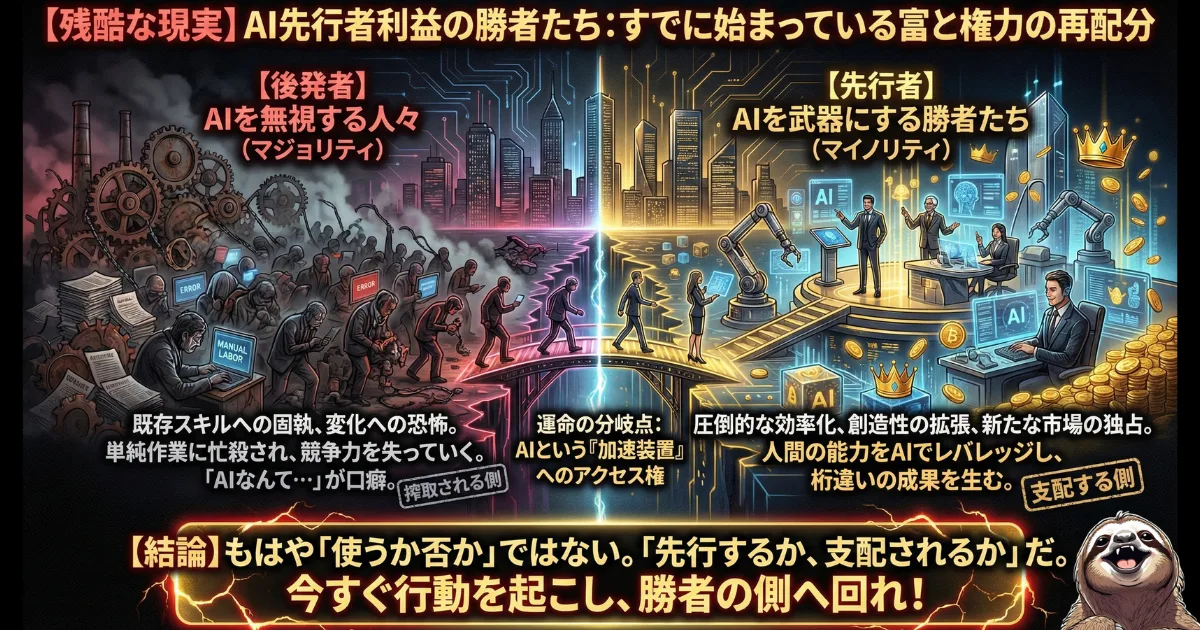 【図解】AI先行者利益による残酷な格差：変化を恐れ単純作業に忙殺される「搾取される後発者（左）」と、AIを武器に桁違いの成果を生み出す「支配する先行者（右）」に分かれる富と権力の再配分を図解。AI時代において、もはや「使うか否か」ではなく「先行するか支配されるか」であると今すぐの行動を促すイラスト