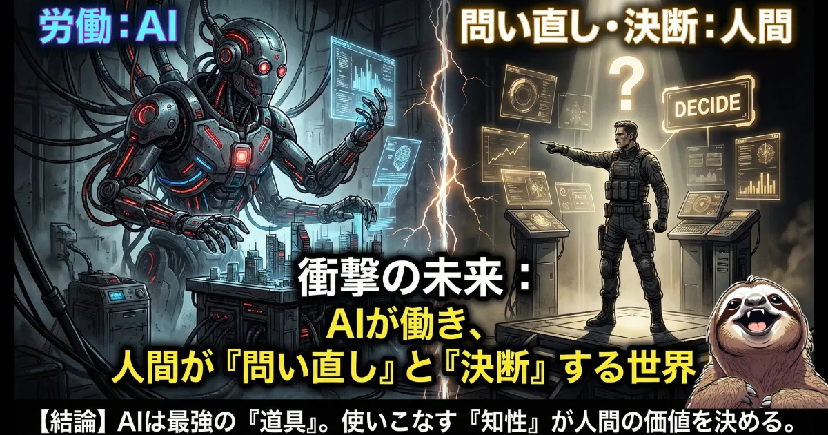 【図解】AI時代の新しい役割分担：労働（実作業）はAIに任せて徹底的にサボり、人間は「問い直し」と「決断」に特化する衝撃の未来予想図。AIを最強の道具として使いこなし、思考停止せずに人間の真の価値（知性）を発揮するための「賢いサボり方」の最終結論イラスト