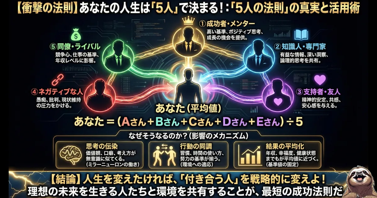 【図解】あなたの人生は「付き合う5人」で決まる!:周囲の人間関係が思考や行動、年収にまで影響を与えるメカニズム(5人の法則)を解説。疲れた社会人が現状から抜け出し、転職エージェントを利用して「働く環境(付き合う人)」を戦略的に変えることの重要性を説くイラスト