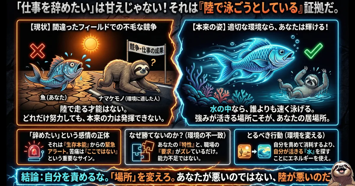 【図解】「仕事を辞めたい」は甘えではなく環境のミスマッチ:陸で泳ごうとして苦しむ魚(左)と、水中で才能を発揮する魚(右)の対比イラスト。能力不足だと自分を責める社会人に対し、苦しいのは場所(環境)が間違っているだけだと気づかせ、強みが活きる職場への転職を促す画像