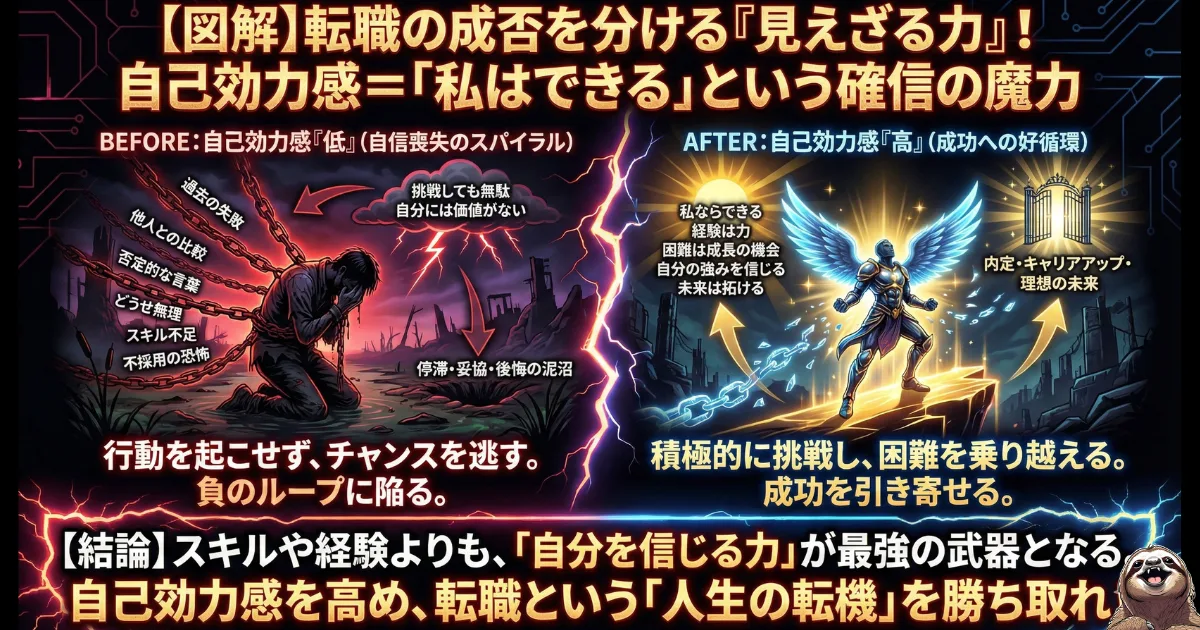 【図解】転職の成功を左右する「自己効力感」の魔力:「私には価値がない」と自信喪失してチャンスを逃す負のスパイラル(左)と、「私はできる」という確信を持って困難を乗り越え、内定や理想の未来を引き寄せる成功への好循環(右)を対比させたマインドセットの解説イラスト