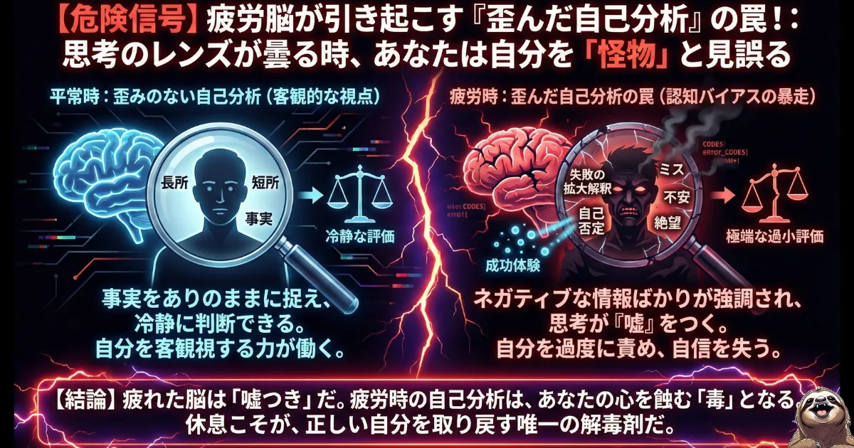 【図解】疲労脳が引き起こす「歪んだ自己分析」の罠:平常時は客観的に見られる自分(左)が、疲労時には認知バイアスの暴走により「怪物」のように欠点ばかり拡大解釈して見えてしまう(右)メカニズム。転職活動中に陥りやすい過度な自己否定の原因と、休息の重要性を説く警告画像