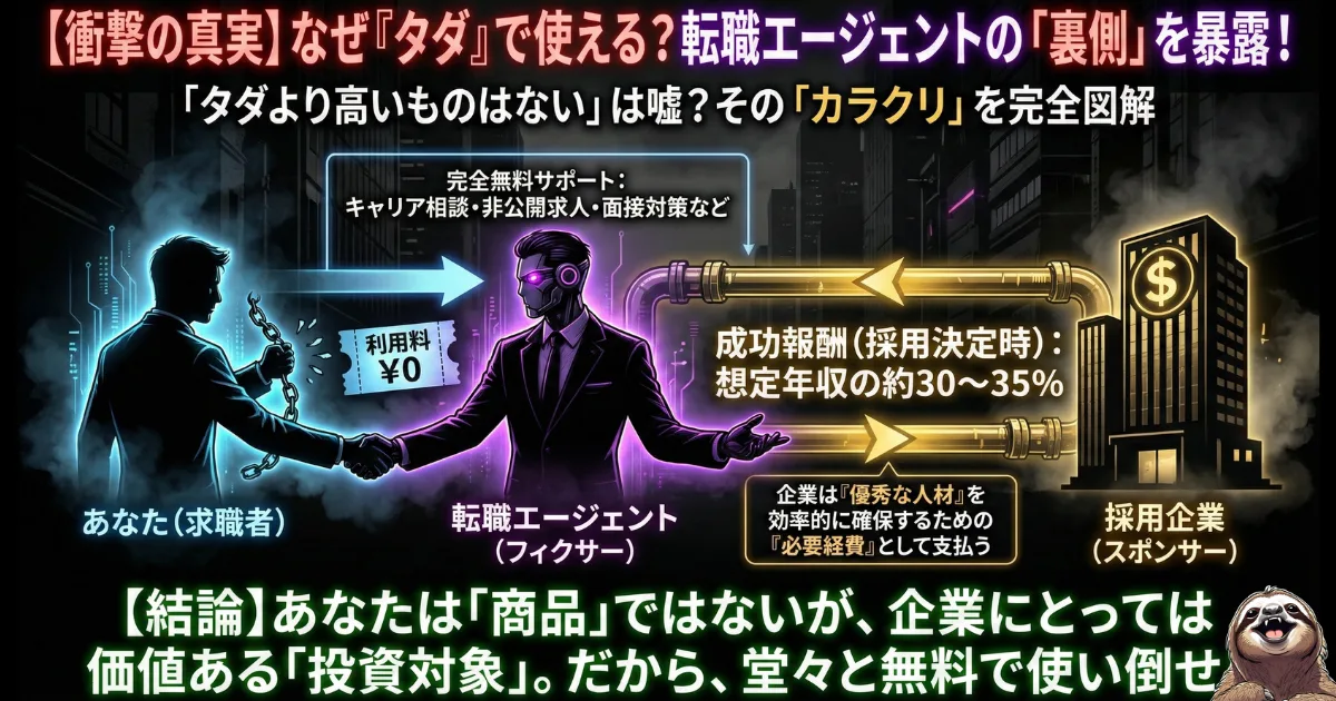 【図解】転職エージェントが「完全無料」で使える理由と裏側:求職者(左)からは一切お金を取らず、採用決定時に企業(右)から想定年収の30〜35%という高額な「成功報酬」を受け取るビジネスモデルを解説。怪しい「タダ」ではなく、企業が採用コストを負担する正当な仕組みであることを示したイラスト
