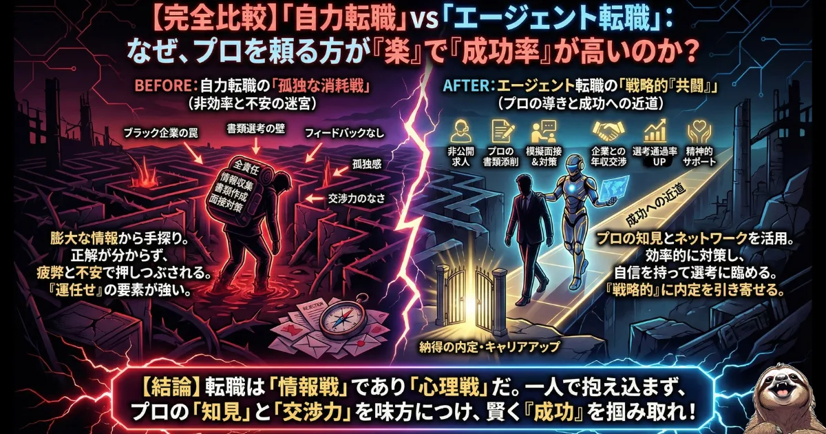 【図解】「自力転職」と「エージェント転職」の完全比較:孤独に迷路をさまよい消耗する自力活動(左)と、非公開求人や年収交渉などプロのサポートを受けて最短距離で成功へ向かうエージェント利用(右)の違いを解説。なぜプロを頼る方が楽で成功率が高いのかを一目で示すイラスト