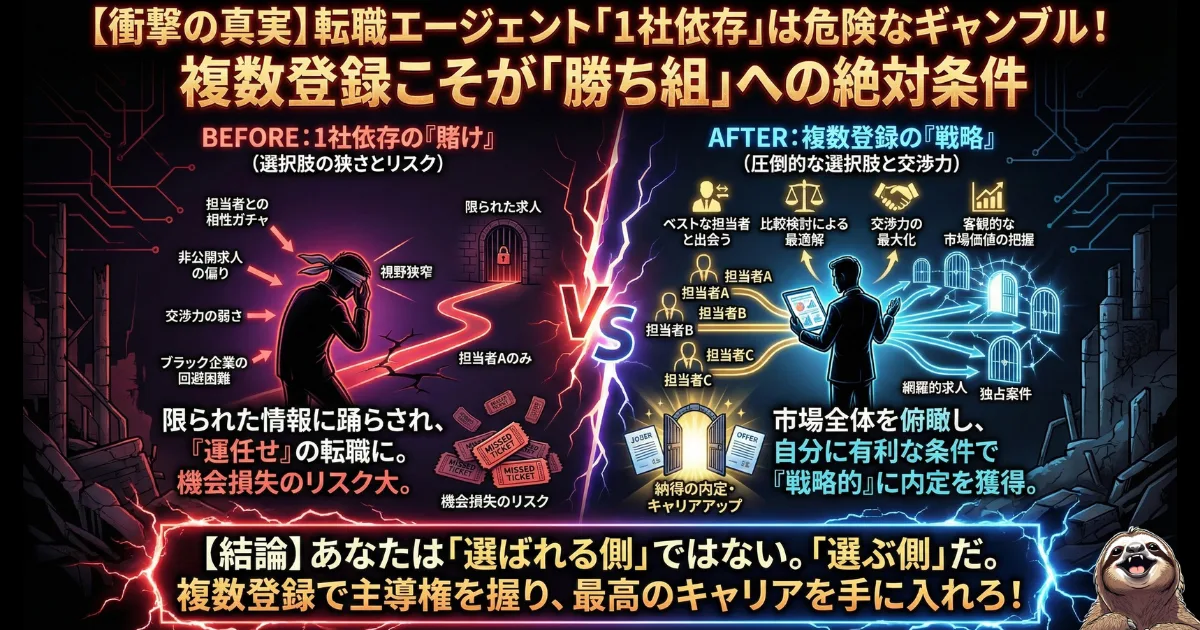 【図解】転職エージェントは「複数登録」が鉄則である理由:1社依存で担当者ガチャや求人の偏りに振り回される「運任せのギャンブル」(左)と、複数社を比較検討し、市場全体を俯瞰して自分に有利な条件を引き出す「必勝の戦略」(右)の決定的違いを解説したイラスト