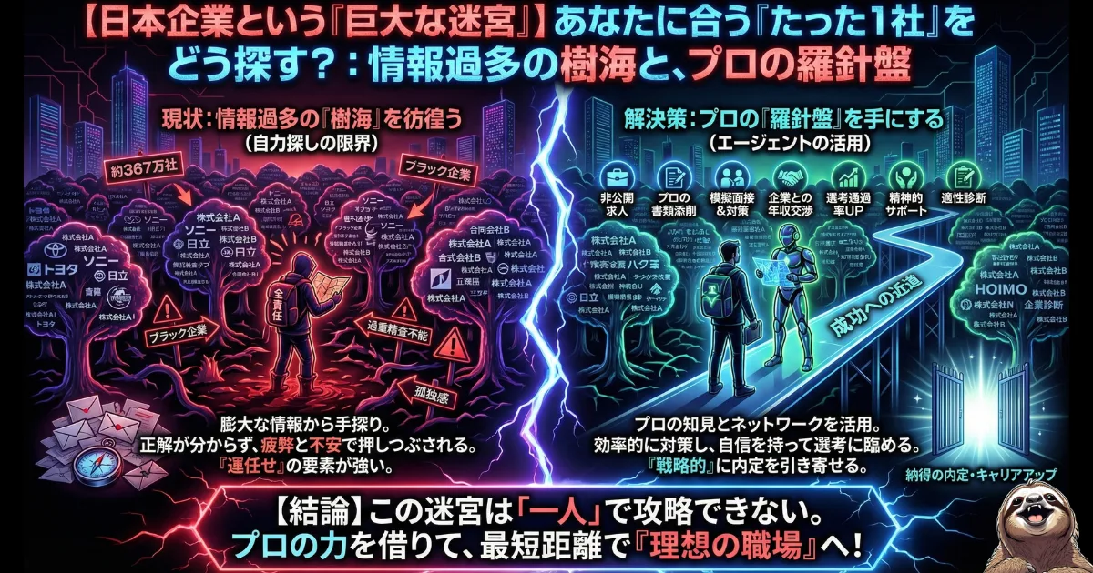 【図解】日本企業という「巨大な迷宮」の攻略法:約367万社という情報過多の樹海でブラック企業の罠に怯えながら自力で探す限界(左)と、転職エージェントという「プロの羅針盤」を使って非公開求人の中から最短距離で理想の職場へ導かれるルート(右)の比較イラスト