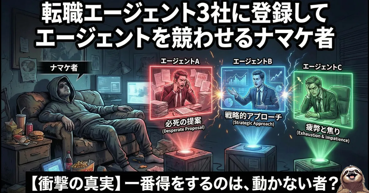 【図解】転職エージェントを複数登録して「競わせる」裏ワザ:自分はソファでリラックスしたまま(動かず)、複数のエージェント(A,B,C)に最適な提案や条件交渉を競わせる様子を描いたイラスト。疲れた社会人が最も得をする「ゆるい転職術」の極意を解説