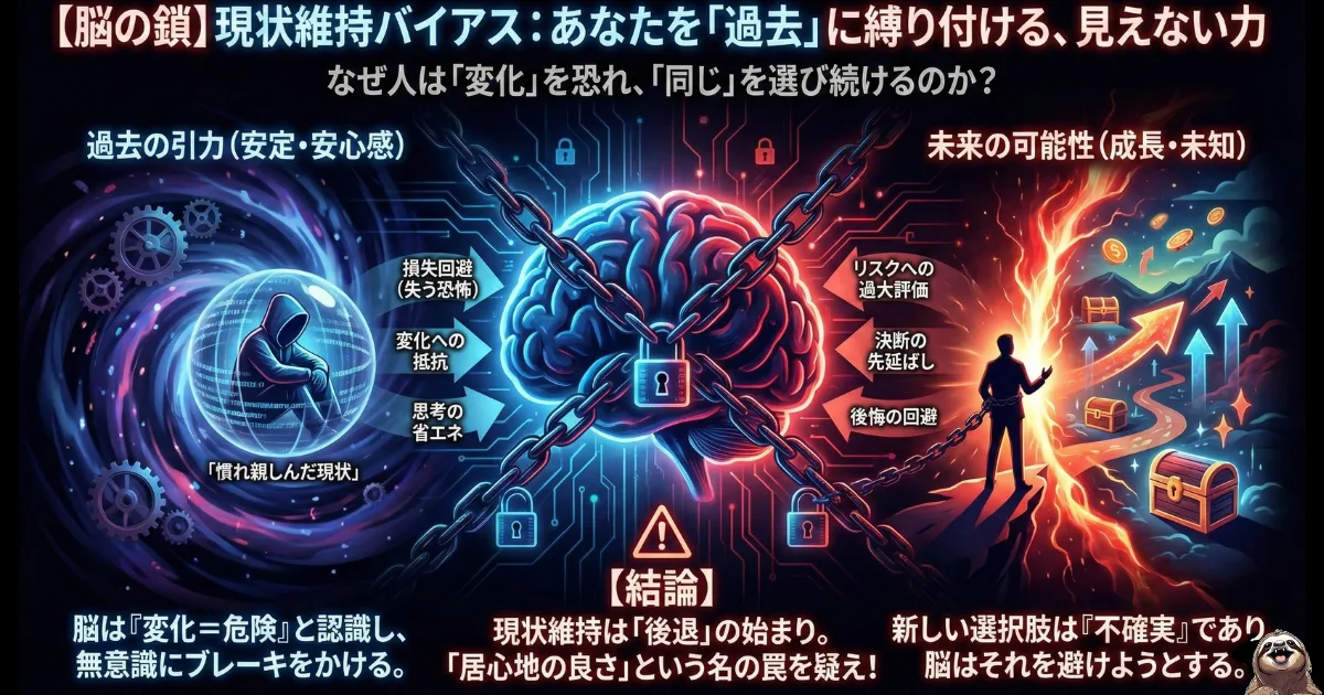 【図解】転職したいのに動けない理由「現状維持バイアス」のメカニズム:脳が変化を危険と認識して「過去(慣れ親しんだ現状)」に縛り付ける力(左)と、「未来(未知の可能性)」への一歩を阻む鎖の正体を解説。現状維持は後退の始まりであると警告し、変化への恐怖を乗り越えるための心理学イラスト