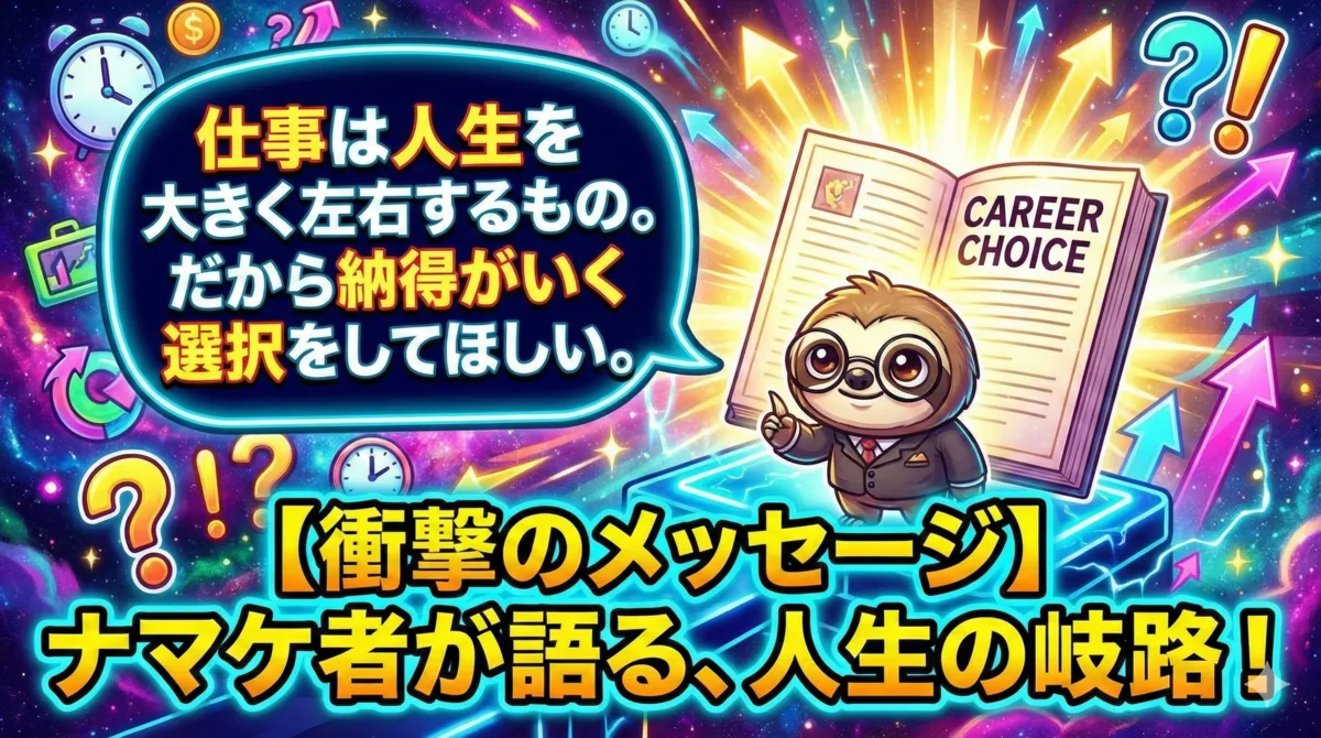 【まとめ】仕事は人生を大きく左右するものだから納得のいく選択を:転職という人生の岐路に立つ社会人に向けた、ナマケ者からの最後のエール。後悔しないキャリアの選択(CAREER CHOICE)を促し、輝く未来への一歩を応援するイラスト