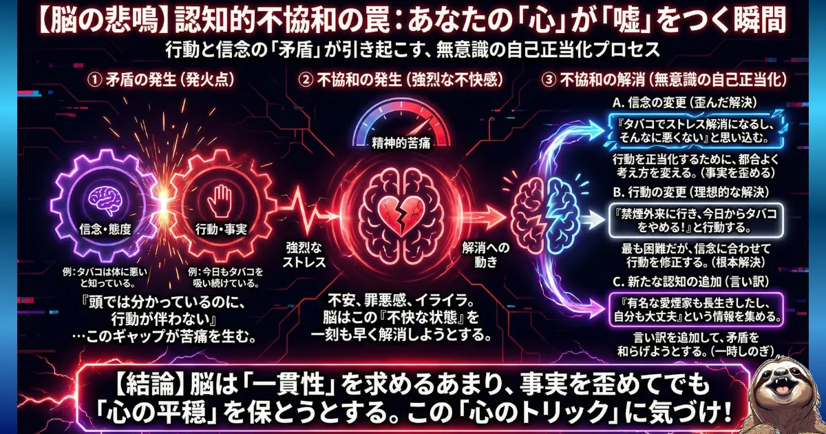 「【脳の悲鳴】認知的不協和の罠：あなたの『心』が『嘘』をつく瞬間」の図解。左から①信念と行動の矛盾の発生（頭では分かっているのに）、②不協和の発生（割れたハートと強烈なストレス）、③不協和の解消（事実を歪める・言い訳をするなどの無意識の自己正当化）のプロセスが描かれている。下部に「事実を歪めてでも心の平穏を保とうとする『心のトリック』に気づけ！」と結論づけられている
