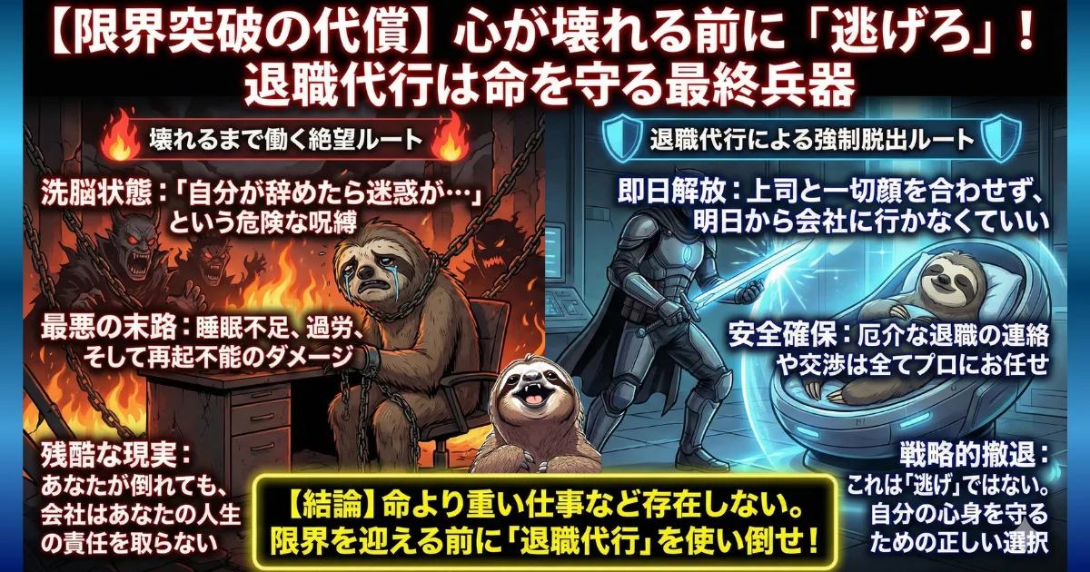 【図解】退職代行は命を守る「戦略的撤退」：自分が辞めたら迷惑がかかると洗脳状態で限界まで働き続ける絶望ルート（左）から、退職代行というプロの力を使って上司と顔を合わせず即日解放される強制脱出ルート（右）への変化。退職は逃げではなく、心身を守る正しい選択であることを説くイラスト
