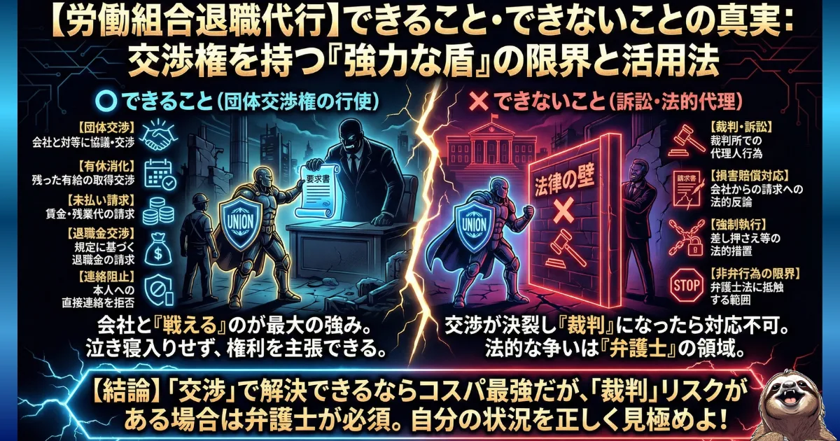 【図解】労働組合の退職代行「できること・できないこと」：有休消化や残業代請求など会社と対等に戦える「団体交渉権（左）」の強みと、万が一交渉が決裂して裁判や損害賠償請求に発展した場合は対応できない「法的代理の限界（右）」を比較。コスパとリスクを天秤にかけ、弁護士と使い分ける基準を示すイラスト