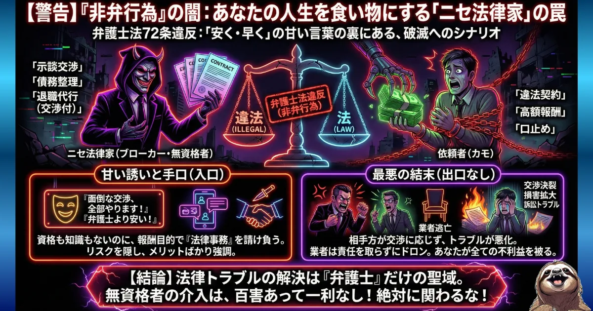 【図解】退職代行における「非弁行為」の闇とリスク：「弁護士より安い」「交渉もする」という甘い言葉で依頼者を騙す無資格業者（ニセ法律家）の実態と、トラブル発生時に業者が逃亡して依頼者が全ての不利益（損害賠償・訴訟）を被る破滅のシナリオを警告するイラスト