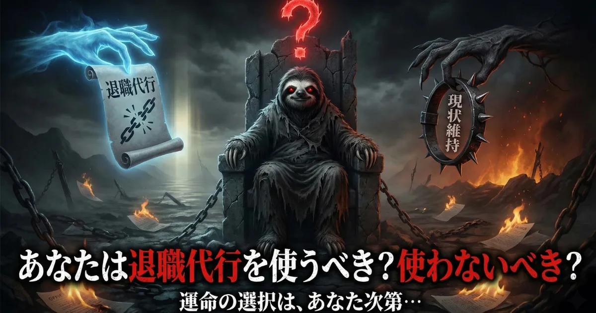 【図解】あなたは退職代行を使うべきか？：光の手から差し出される鎖を断ち切る「退職代行（左）」と、闇の手から差し出される地獄の苦しみが続く「現状維持（右）」の究極の二択に迫られる姿を描いたイラスト。ブラック企業で疲弊する社会人に運命の選択を問いかける画像