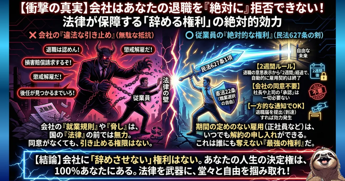 【図解】会社はあなたの退職を絶対に拒否できない：悪魔のような上司による「損害賠償」や「懲戒解雇」といった違法な引き止めの脅し（左）は法律の前では無力であり、従業員は「民法627条（退職の自由）」という最強の剣を武器に、会社の同意なしで確実に辞める権利があること（右）を証明したイラスト