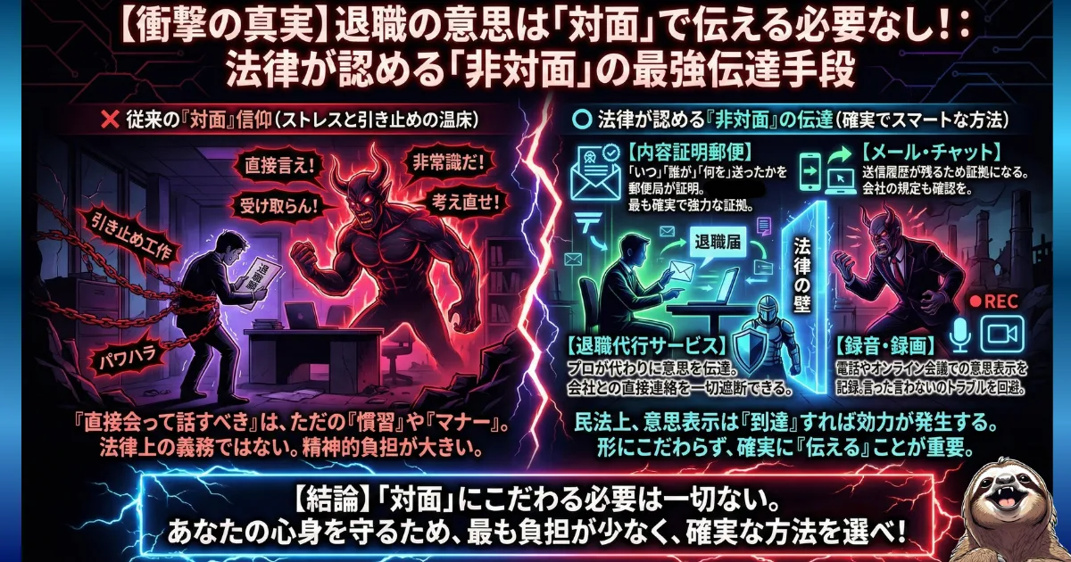 【図解】退職の意思表示は「対面」である必要なし：直接会って話すことでパワハラや違法な引き止めに遭うリスク（左）と、内容証明郵便やメール、退職代行サービスなど、法律で認められた安全確実な「非対面」の伝達手段（右）を比較。対面信仰を捨て、心身を守る方法を選ぶよう促すイラスト