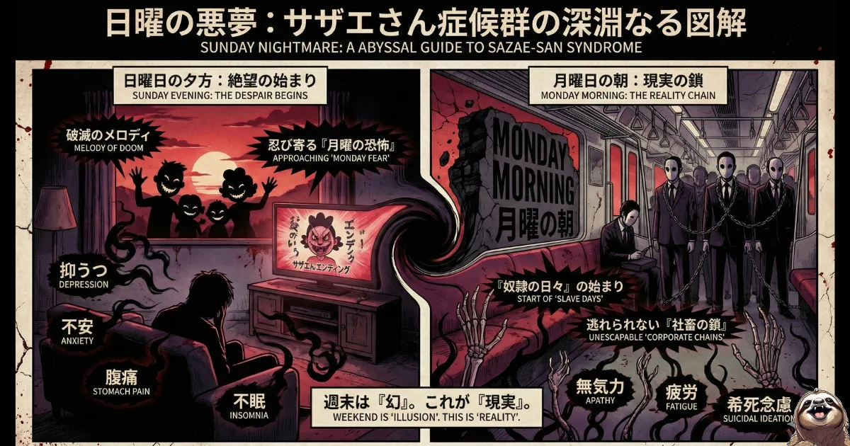 【図解】サザエさん症候群がもたらす「日曜日の絶望」と「月曜日の恐怖」:日曜の夕方にテレビのエンディング曲と共に襲い来る「抑うつ・不安・不眠」(左)と、月曜の朝に満員電車で社畜の鎖に繋がれる「無気力・希死念慮」(右)という、多くの社会人が抱える深い憂鬱と精神的苦痛をホラーテイストで描いたイラスト