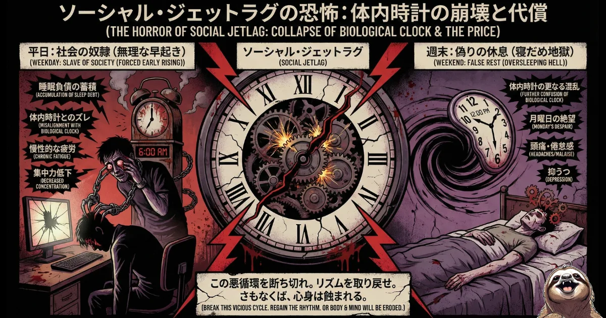【図解】サザエさん症候群の元凶「ソーシャル・ジェットラグ(社会的時差ボケ)」の恐怖:平日の睡眠負債(左)を休日の「寝だめ(右)」で解消しようとすることで体内時計が崩壊し、結果的に月曜日の激しい絶望感や抑うつを引き起こす悪循環のメカニズムをホラーテイストで解説したイラスト