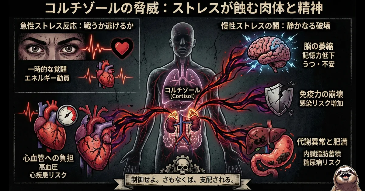 【図解】サザエさん症候群によるストレスホルモン「コルチゾール」の脅威:日曜日の憂鬱や仕事への恐怖が慢性的なストレスとなり、うつ・不安(脳の萎縮)、免疫力低下、心疾患リスクなど、肉体と精神を静かに破壊していくメカニズムを医学的視点から解説したイラスト