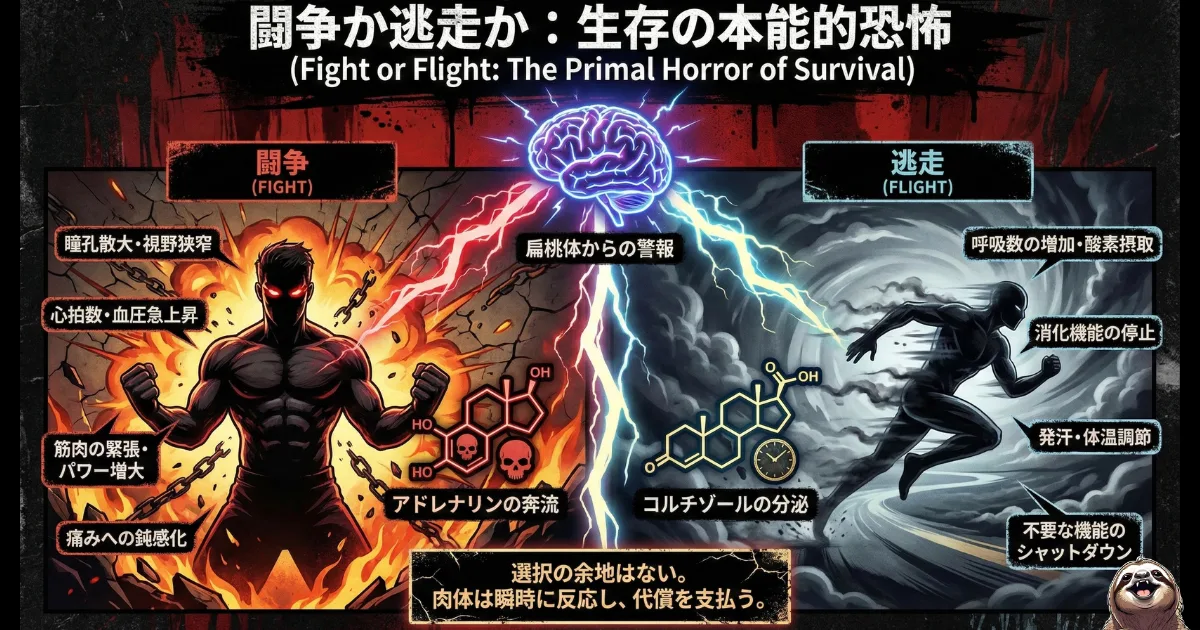 【図解】サザエさん症候群による「闘争か逃走か(Fight or Flight)」のストレス反応:月曜日の仕事という脅威に対し、脳(扁桃体)が警報を鳴らし、アドレナリンによる「闘争(左)」やコルチゾールによる「逃走(右)」のモードへ瞬時に切り替わるメカニズムを解説。動悸や不眠が生物としての「正常な防衛反応」であることを示すイラスト