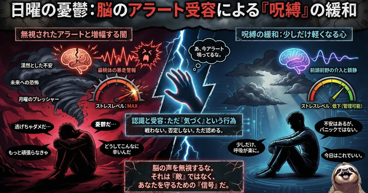 【図解】サザエさん症候群の憂鬱を和らげる「脳のアラート受容」:無理に不安を消そうとして扁桃体が暴走する状態(左)から、「今アラートが鳴っているな」と客観的に気づいて受け入れることで前頭前野が働き、ストレスレベルが低下していく(右)という、脳科学的なアプローチによる呪縛の緩和メカニズムを解説したイラスト