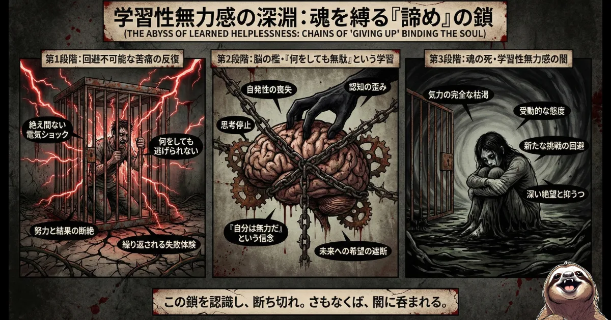 【図解】サザエさん症候群が引き起こす「学習性無力感」の恐怖:過酷な労働(回避不可能な苦痛)の反復により脳が「何をしても無駄」と学習し、最終的に逃げ道(開いた檻)があっても行動できなくなる「魂の死(深い絶望と抑うつ)」に至るまでの心理学的プロセスを解説したイラスト