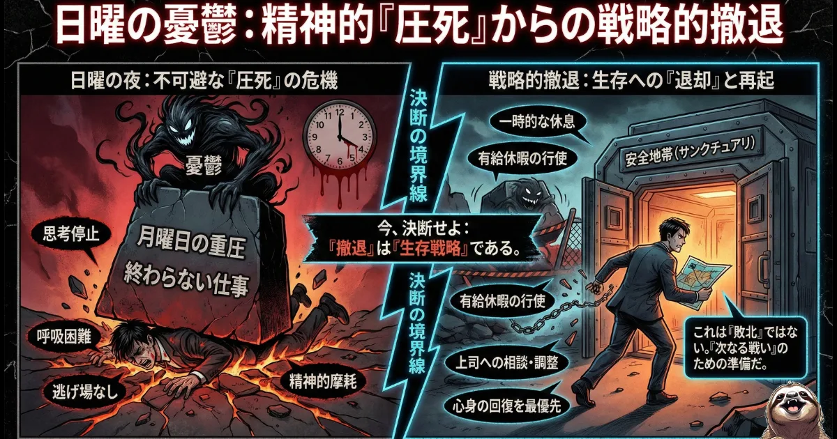 【図解】サザエさん症候群による「精神的圧死」からの戦略的撤退:日曜日の夜、月曜日の重圧や終わらない仕事に押しつぶされそうな状態(左)から、有給休暇の行使や休息を「敗北」ではなく「生存戦略」と捉え直し、安全地帯へ一時退却して心身を回復させるプロセス(右)を解説したイラスト