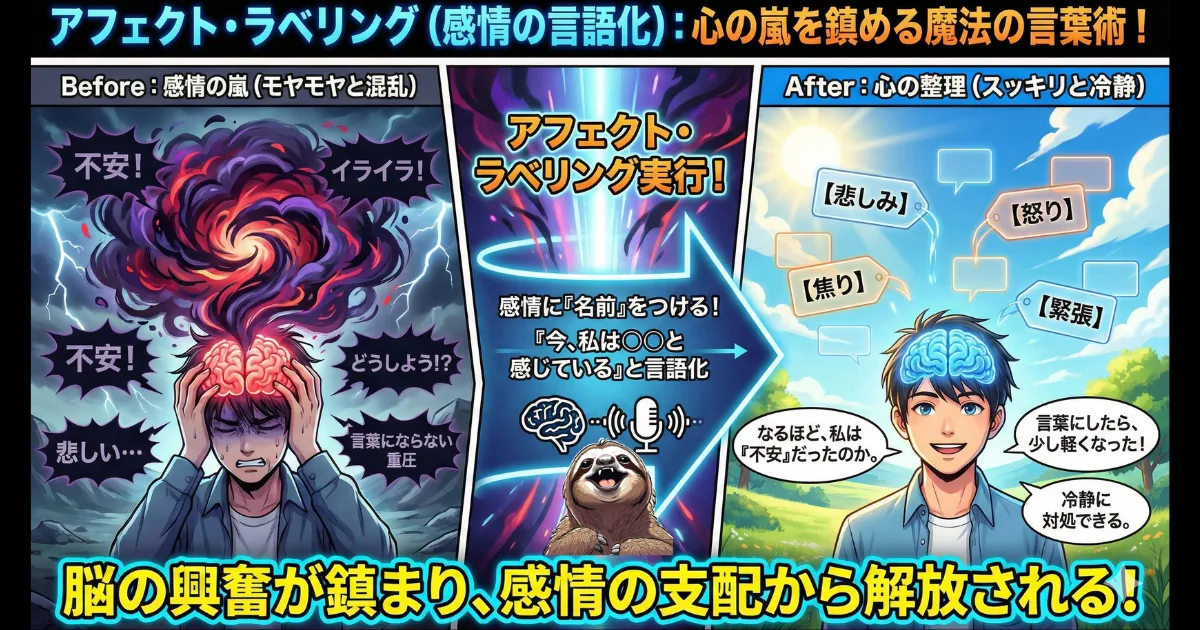 【図解】サザエさん症候群の憂鬱を解消する「アフェクト・ラベリング」の効果:日曜日の夜に襲い来る正体不明の不安やイライラ(左)に対し、「今、私は不安を感じている」と感情を言語化して名前をつける(中央)ことで、脳の興奮が鎮まり冷静さを取り戻せる(右)という心理テクニックを解説したイラスト