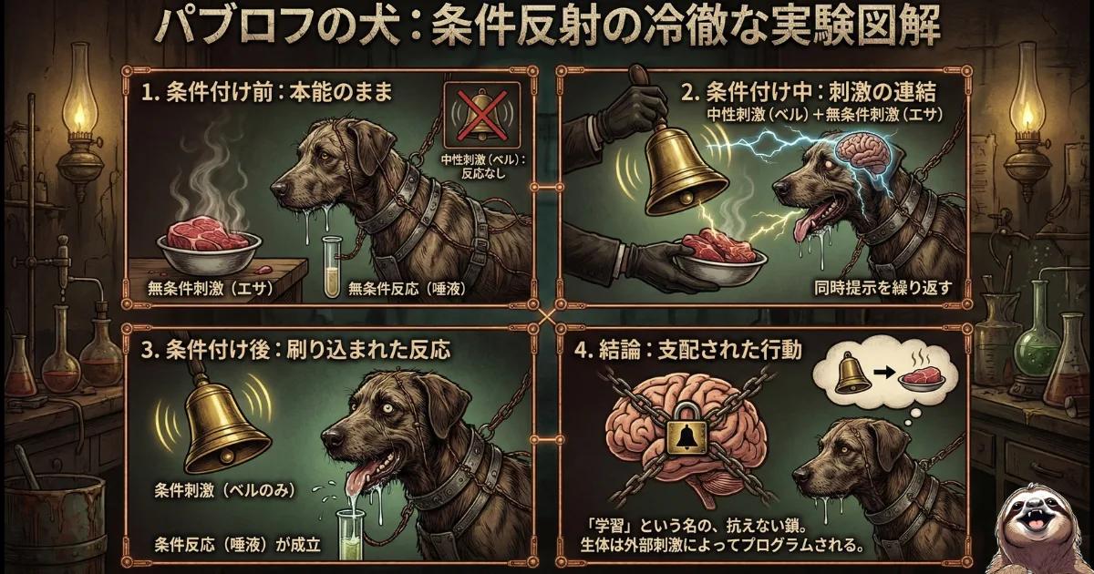 【図解】サザエさん症候群の正体は「パブロフの犬」と同じ条件反射:日曜日の夕方(ベルの音)と月曜日の仕事の苦痛(エサ)が結びつき、曲を聴いただけで無意識に憂鬱や体調不良(条件反射)が引き起こされる「抗えない脳の刷り込み」のメカニズムを解説したイラスト