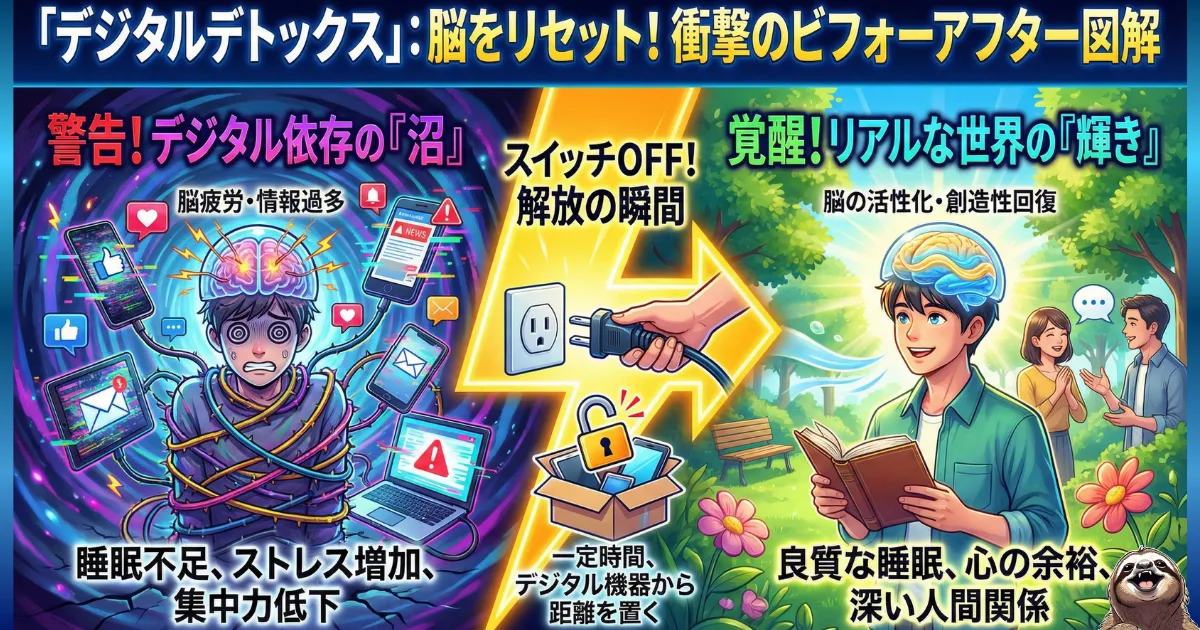 【図解】サザエさん症候群を悪化させる脳疲労を「デジタルデトックス」で解消:休日のスマホ依存で脳が疲労しストレスが増大する状態(左)から、意図的にデジタル機器から距離を置く(中央)ことで、脳がリセットされ、良質な睡眠や心の余裕を取り戻す(右)までのビフォーアフターを解説したイラスト