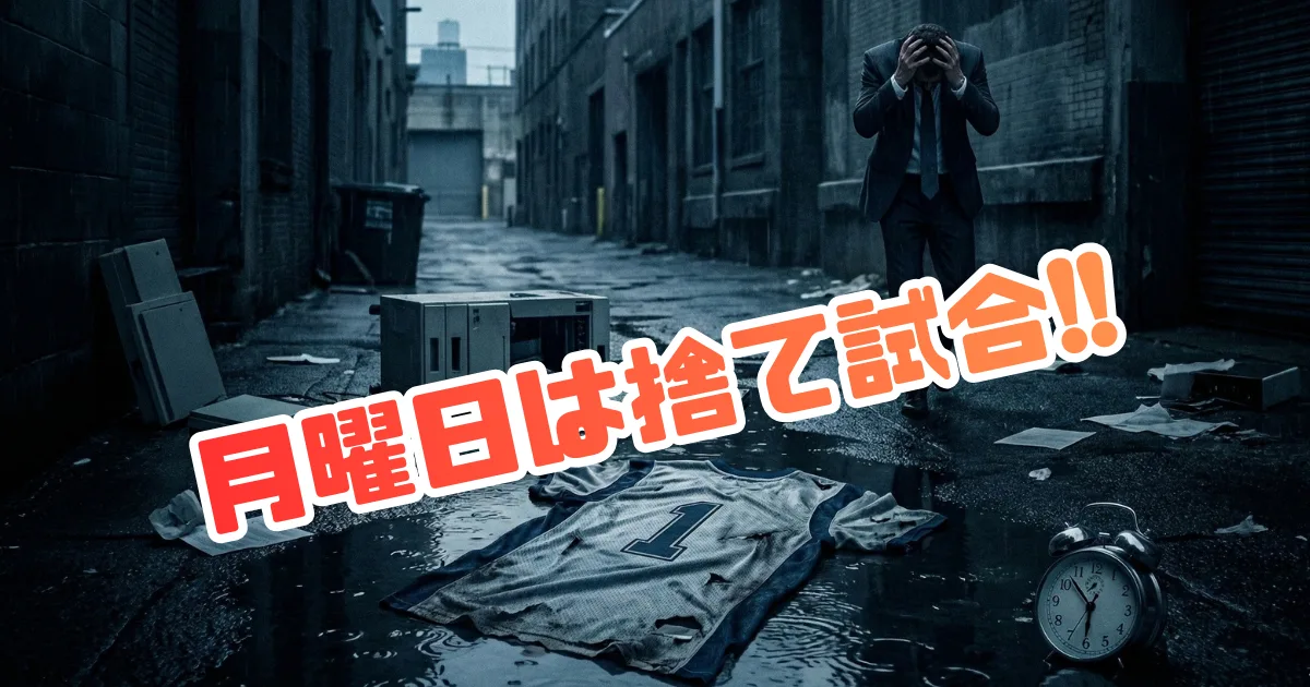 【イメージ】サザエさん症候群を乗り切る最強のマインドセット「月曜日は捨て試合」:月曜日の朝から完璧に仕事をしようとする重圧(完璧主義)を捨て、背番号1のユニフォームを脱ぎ捨てるように「出社するだけで合格」とハードルを極限まで下げることで憂鬱を解消するアプローチを表現した画像