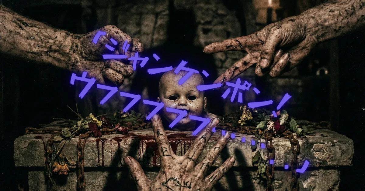 【イメージ】サザエさん症候群の恐怖のトリガー「日曜夕方のじゃんけん」:血塗られた祭壇で亡者たちがじゃんけんをする不気味なホラー画像。国民的アニメの平和なエンディングが、社会人にとっては「日曜日が終わる絶望」と「月曜日から始まる過酷な労働」を告げる死の宣告(トラウマ)のように感じられる精神状態を表現