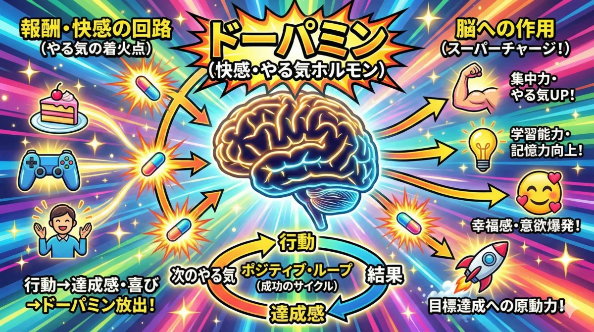 【図解】サザエさん症候群の憂鬱を吹き飛ばす「ドーパミン(やる気ホルモン)」の活用法:ケーキやゲームなどの小さなご褒美(報酬)がやる気の着火点となり、脳に作用して集中力や幸福感を爆発させ、「行動→結果→達成感」というポジティブループ(成功のサイクル)を生み出すメカニズムを解説したイラスト